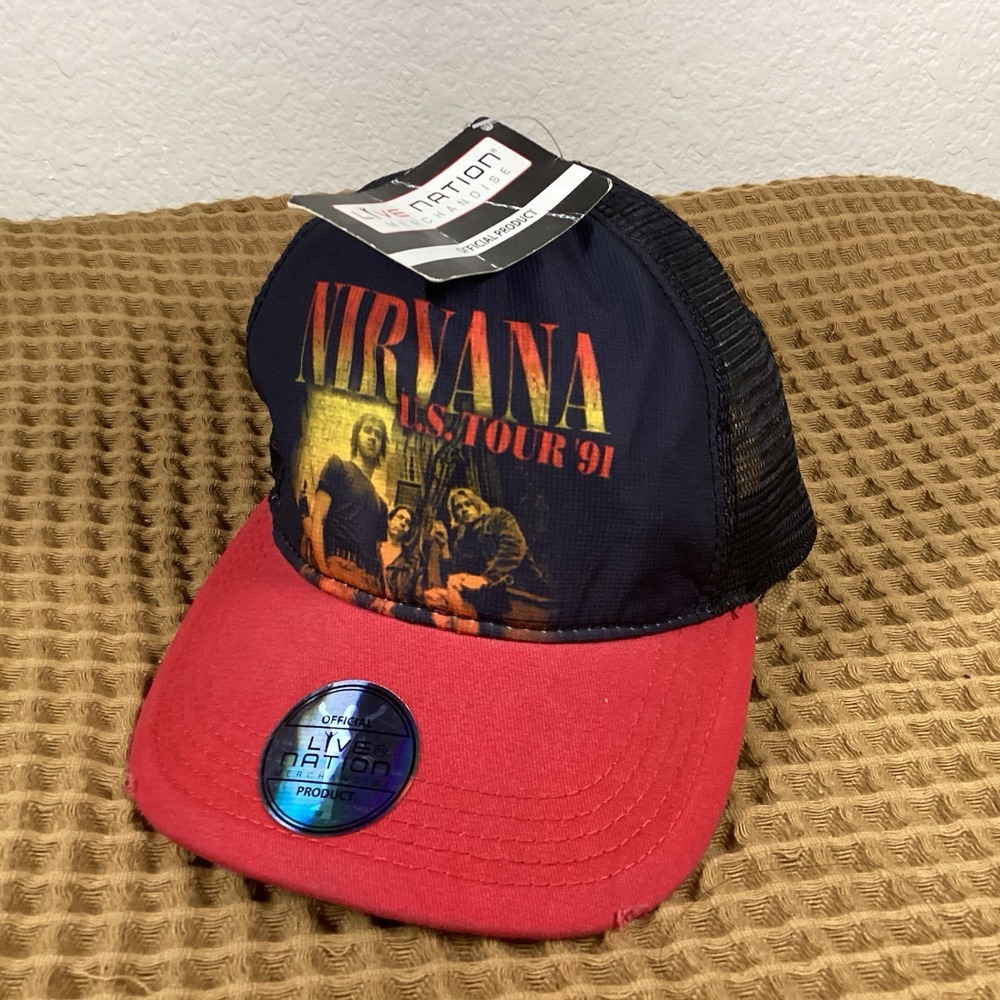 VTG Nirvana US Tour 91 Black Red Mesh Hat Music One Size Adjustable Mesh Cap